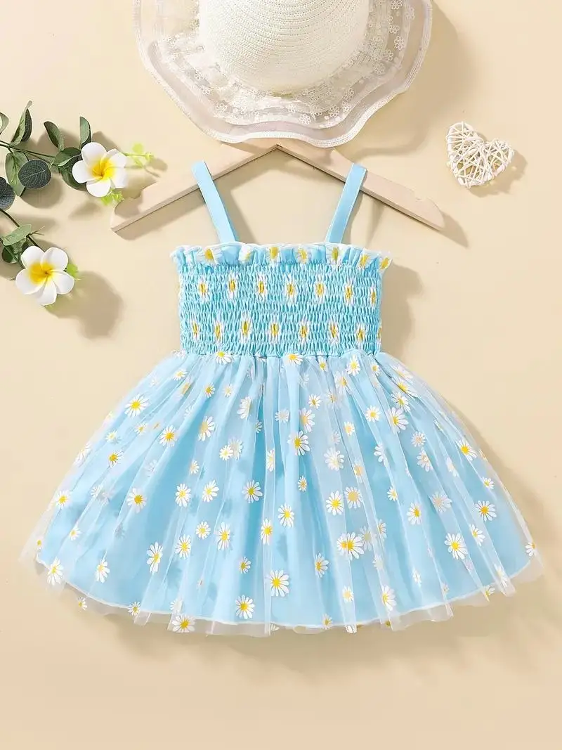 Infant & Toddler\'s Cartoon Daisy Pattern Shirred Dress, Casual Mesh Cami Dress, Baby Girl\'s Clothing For Summer