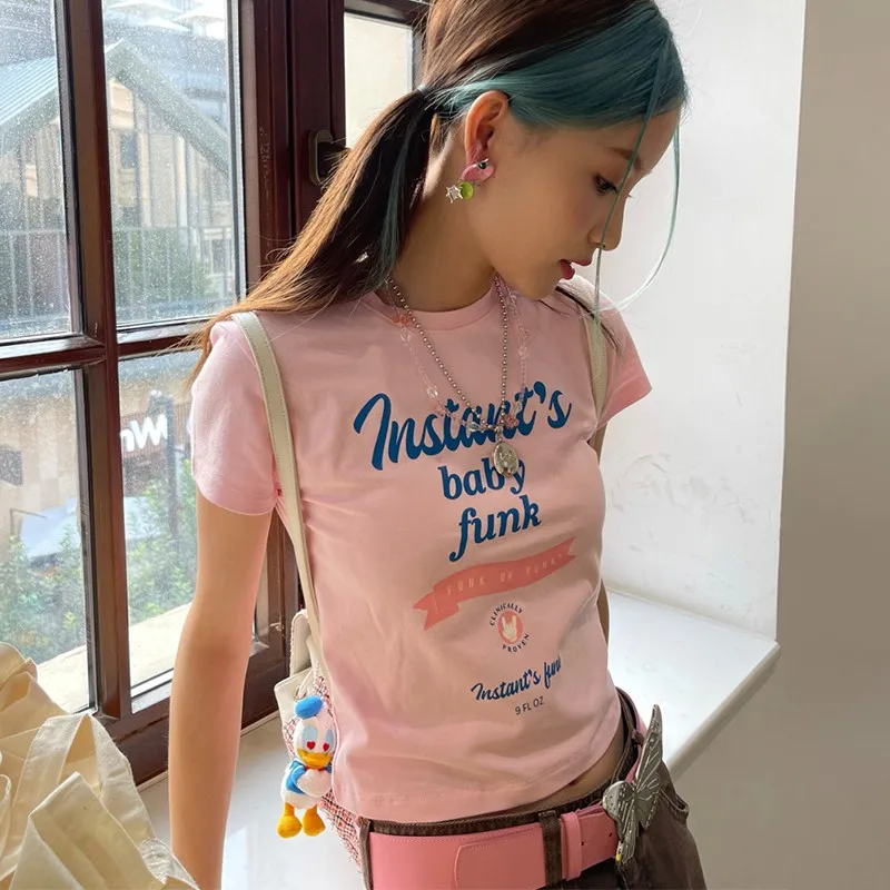 Karrram Y2k Aesthetics Pink T-shirt Korean Fashion Designer Clothes Kawaii Slim Crop Top Grunge Letter Print Short Sleeve Tshirt