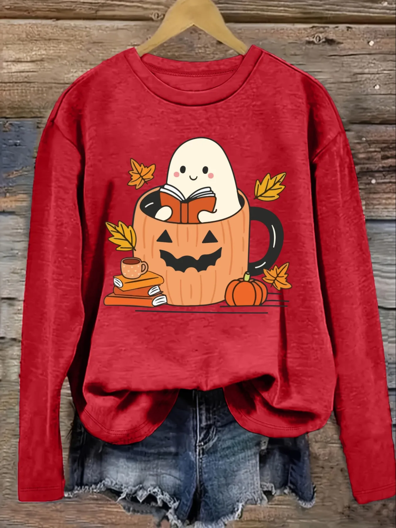 Women's Casual Long Sleeve Crew Neck T-Shirt Cute Ghost Reading In Pumpkin Mug Design, Round Neck Women's Clothing, Machine Washable, Slightly Elastic, Loose Fit, Spring Autumn Winter Women's T-Shirt, Halloween Costume Outfit view 4