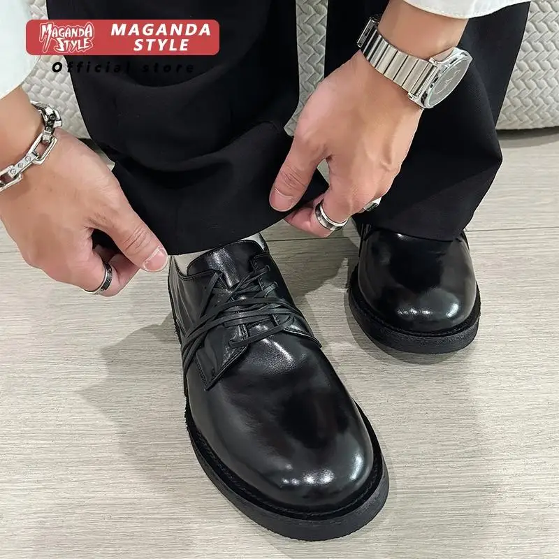 

Derby leather shoes men's retro Japanese style strap wrapping design business casual formal dress shoes black Oxford shoes