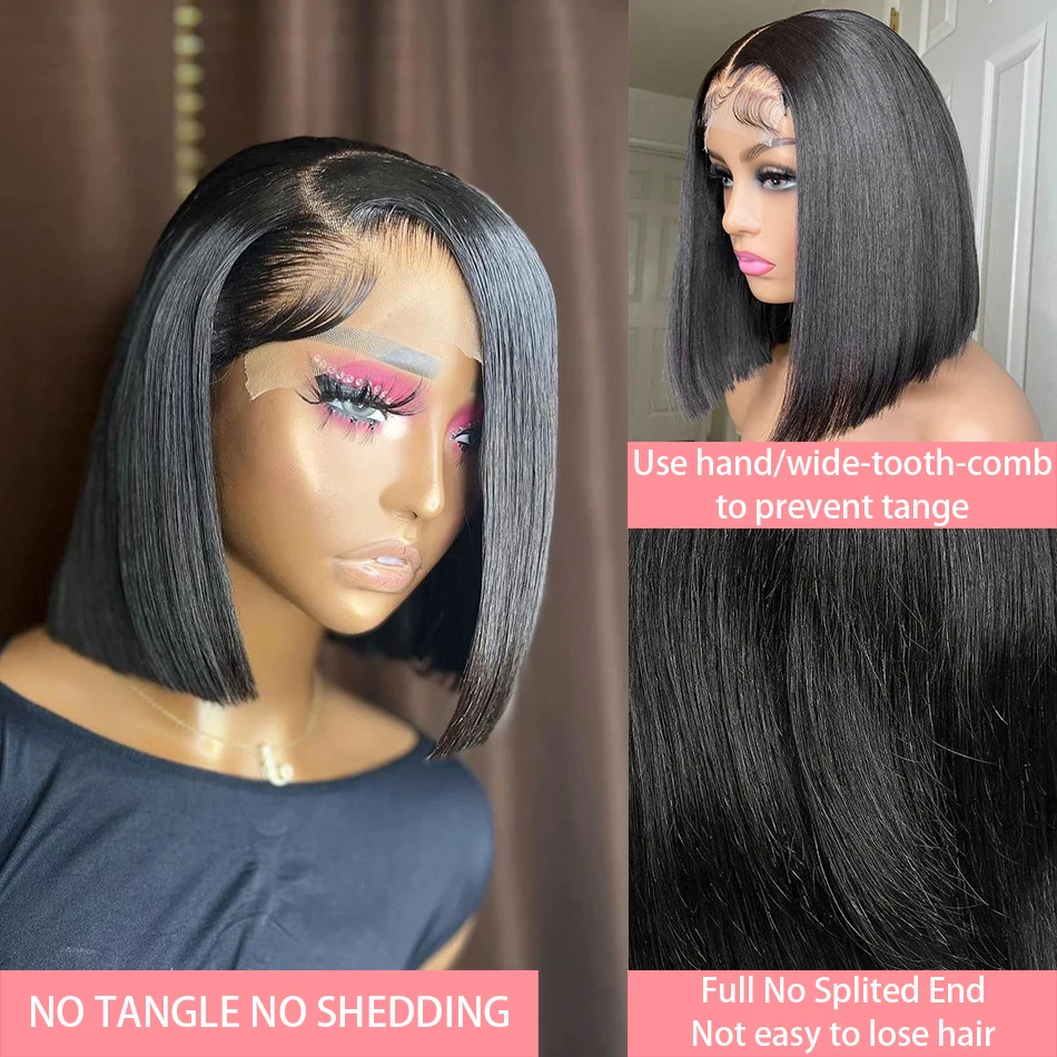 

13x4 Straight Lace Frontal Bob Wig Pre Plucked 4x4 Human Hair Wigs Brazilian Remy Bone Straight Short Bob Wig For Women 14 Inch