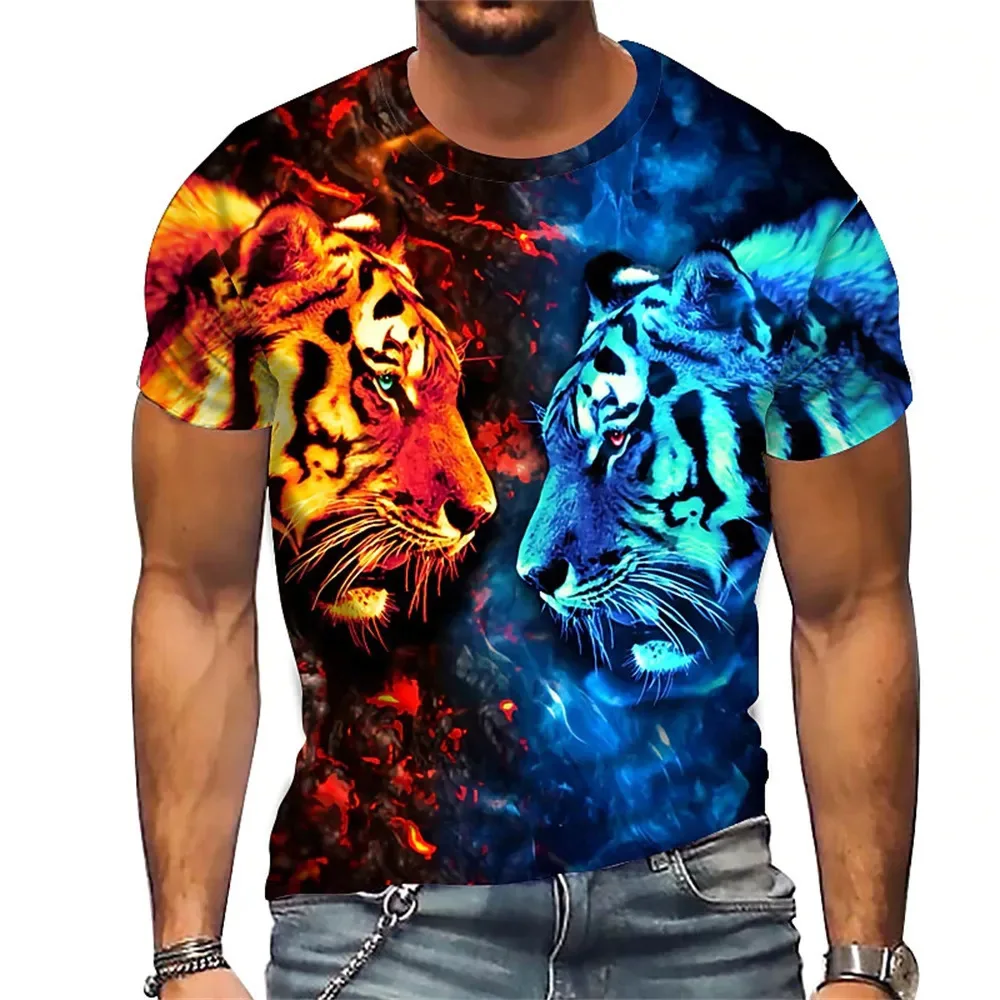 

New men's short sleeved shirt with tiger lion animal 3D printed T-shirt and round neck short sleeved casual top