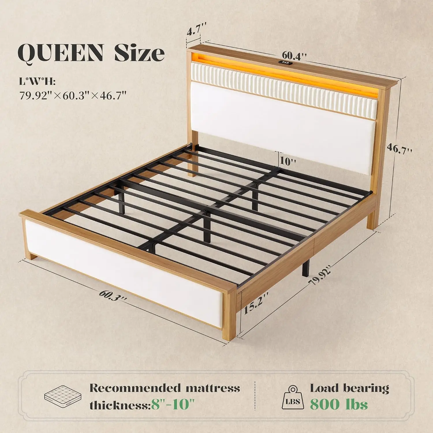 Queen Bed Frame with Storage Headboard & LED Light, Upholstered Platform with USB Charging, Noise-Free Slats, Teak, Customized