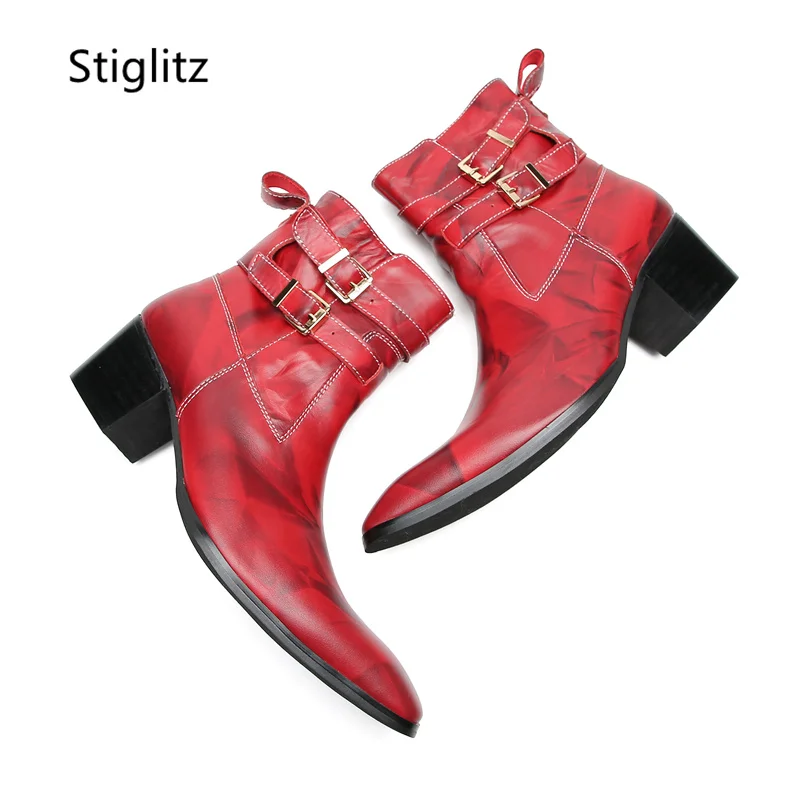 Double Buckle Ankle Men Boots Retro Casual Work Safety Boots Red Black High Heels Leather Side Zipper Business Men\'s Shoes