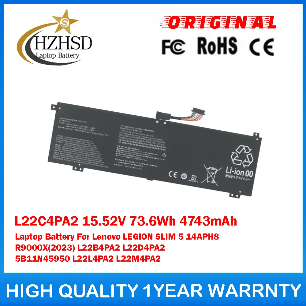 

L22C4PA2 15.52V 73.6Wh 4743mAh Laptop Battery For Lenovo LEGION SLIM 5 14APH8 R9000X(2023) L22B4PA2 L22D4PA2 5B11N45950 L22L4PA2