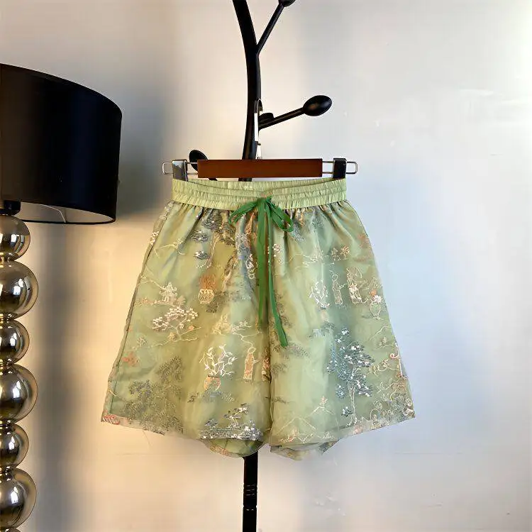 Vintage New Chinese Embroidered Print Mesh Shorts, Green Elastic Waist Drawstring Shorts Luxury Elegance Y2K Loose Summer Shorts
