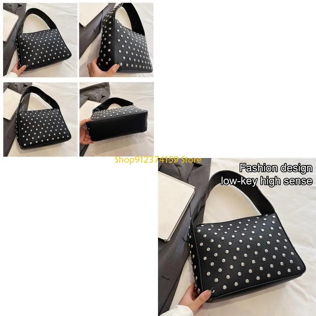 

G5AE Women Bag Fashion Handbag Retro Underarm Bag Rivet Armpit Bag Shopping Dating Bag Autumn Winter Shoulder Bag