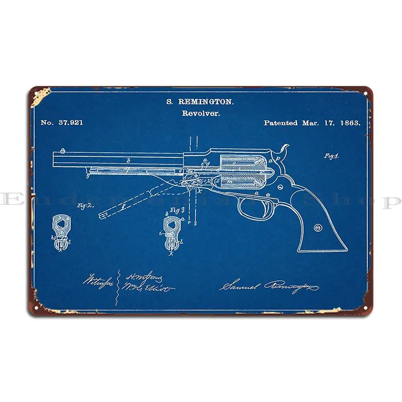 Civil War Era Remington Pistol Patent Art Metal Sign Rusty Printed Club Cinema Club Tin Sign Poster