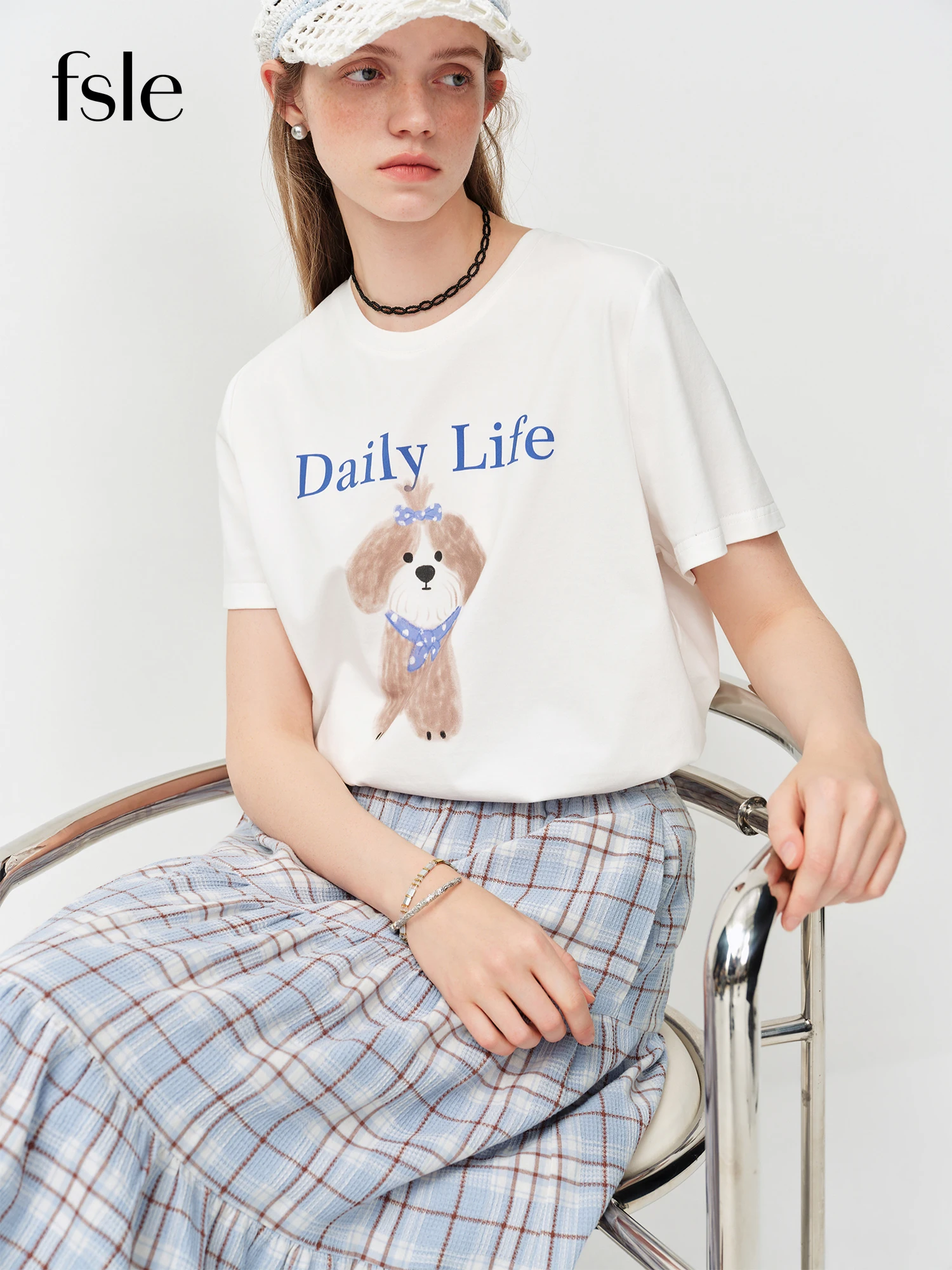 Camiseta FSLE con Estampado de Cachorro, Estilo Verano 2026, Cuello Redondo, Hombros Caídos, Manga Corta, Estilo Informal, Rejuvenecedor