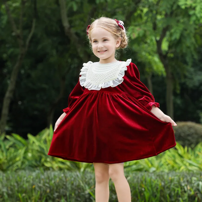 Girls Velvet Dress 2023 New Autumn Children Cute Beading Design Long Sleeve Princess Dresses y1061