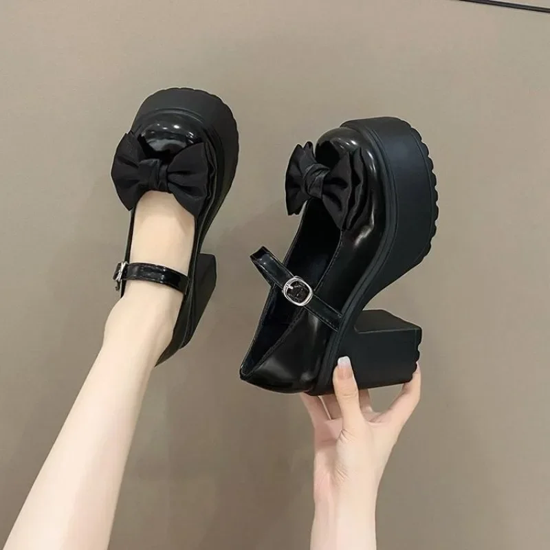 White Round Toe Platform High Heels Women Mary Jane Shoes Retro Bows Elegant Chunky Heel Women\'s Wedding Shoes