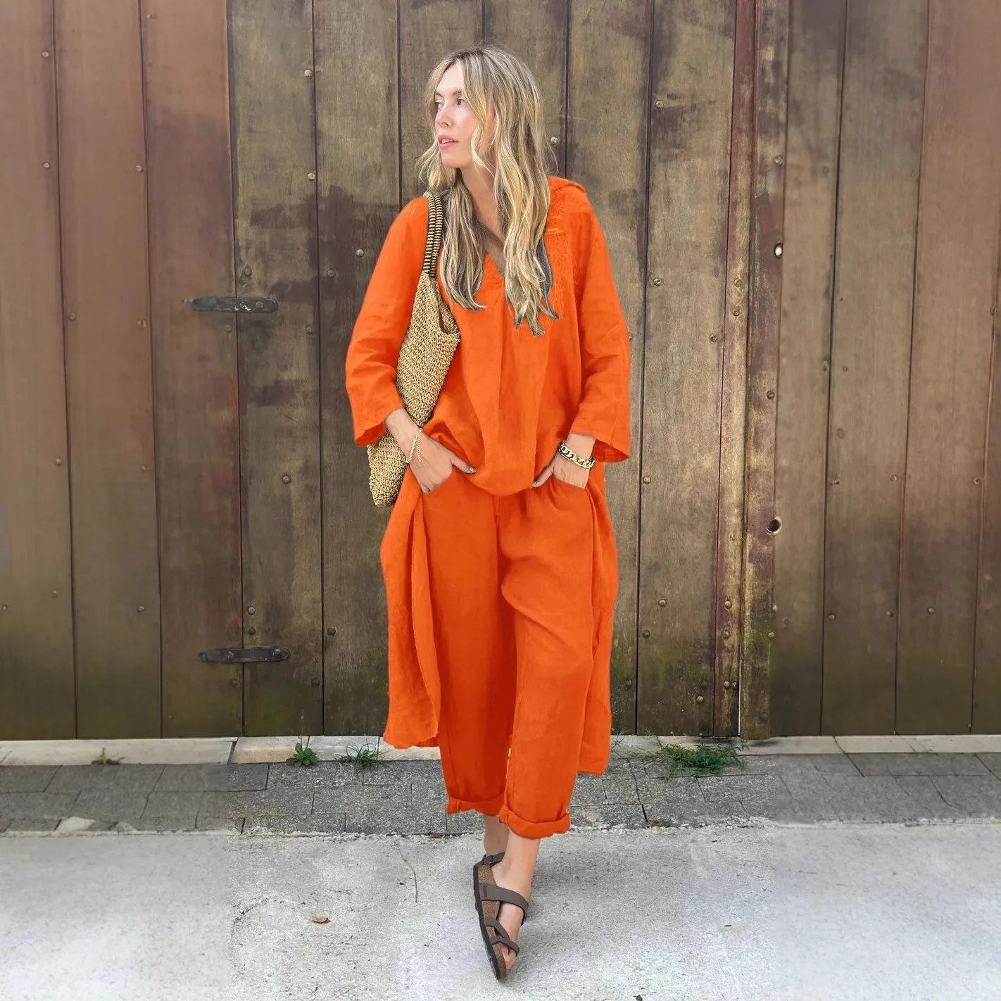 

Cotton 2 Piece Set Women Spring Autumn Long Sleeve Irregular Long Blouse + Elastic Waist Trousers Loose Outfit Two Piece Outfit