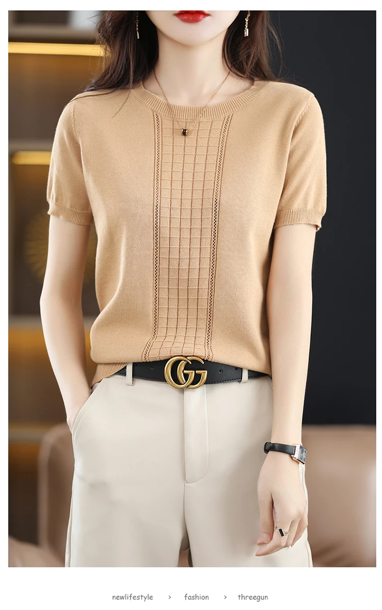 Women's T-Shirt Summer New 100% Cotton Pullover Short Sleeve Casual Solid Color Knit Crew Neck Ladies Tops Tees Blouse