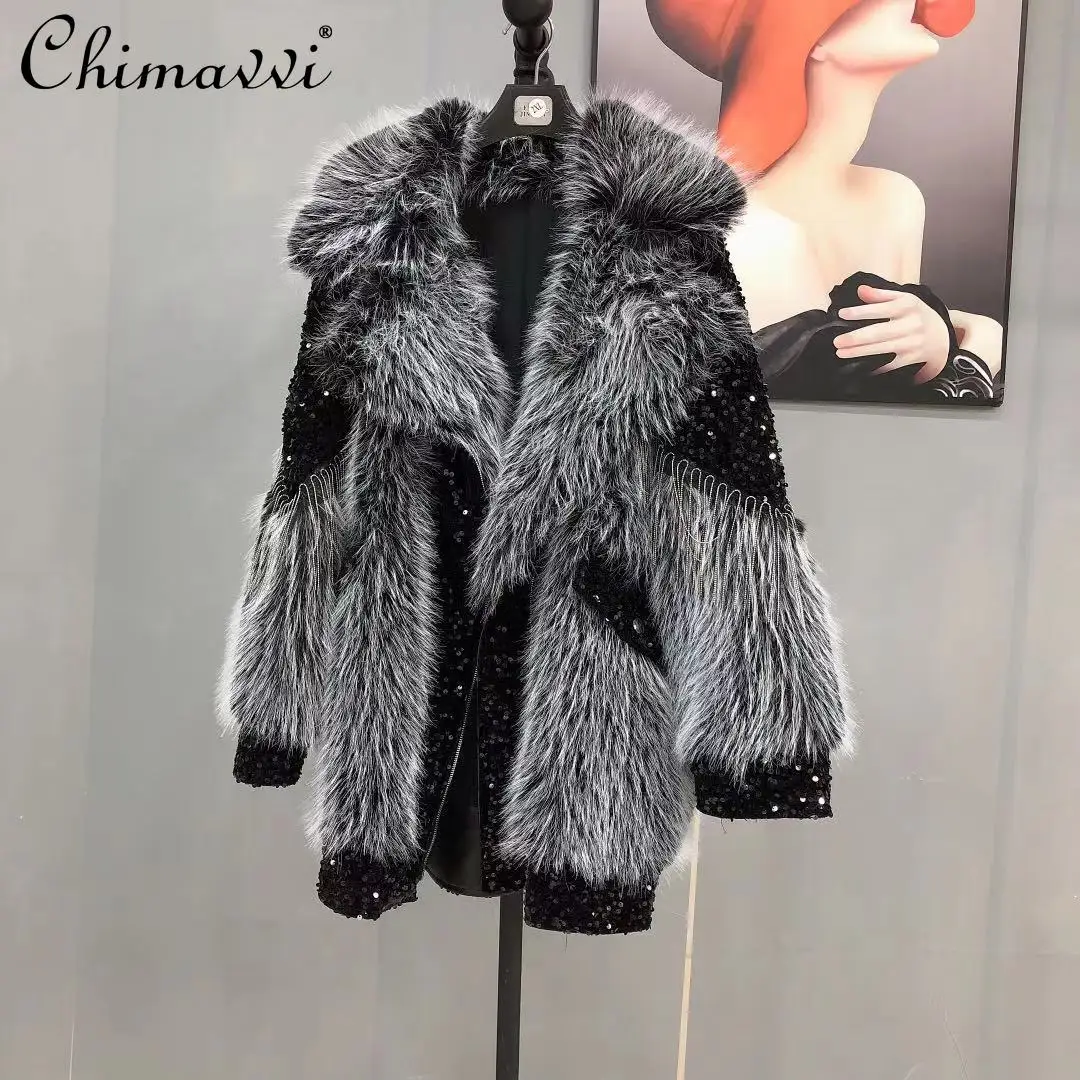 

2022 Winter Clothes Imitation Toka High-End Fashion Black Paillette Coat Women Loose Slimming Streetwear Warm Faux Fur Jacket