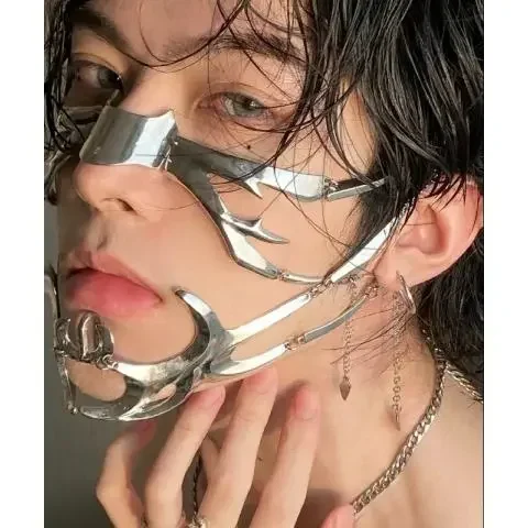 New Metal Mask Nose Ring Design Special-shaped Fluid Mechanical Sense Lip Ring Face Decoration Earring Set Adjustable