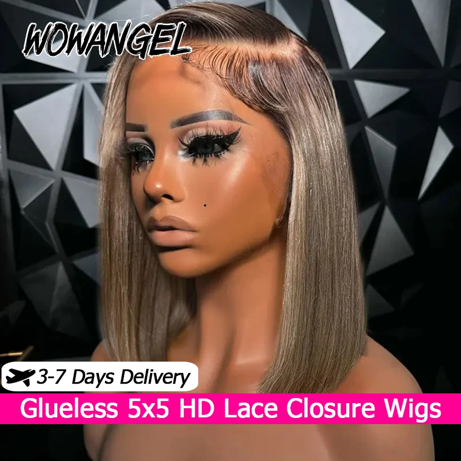 

1b/Ash Blonde Прямые парики Боб 5x5 HD Парики с кружевной застежкой Человеческие волосы Пепельно-серый Ombre Короткие парики Боб Готовый к ношению Бесклеевой парик