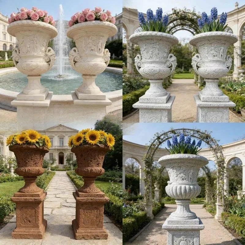 for Large Outdoor Garden Decorations Hand Carved White Marble Vase Sculpture Natural Stone Flower Pot