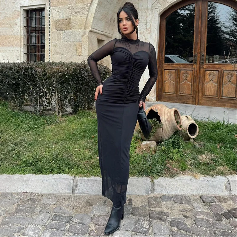 Black Maxi Dress Women Autumn New Fashion Sexy Mesh See Through Dresses Bodycon Casual Long Sleeves Clubwear Elegant Party Dress