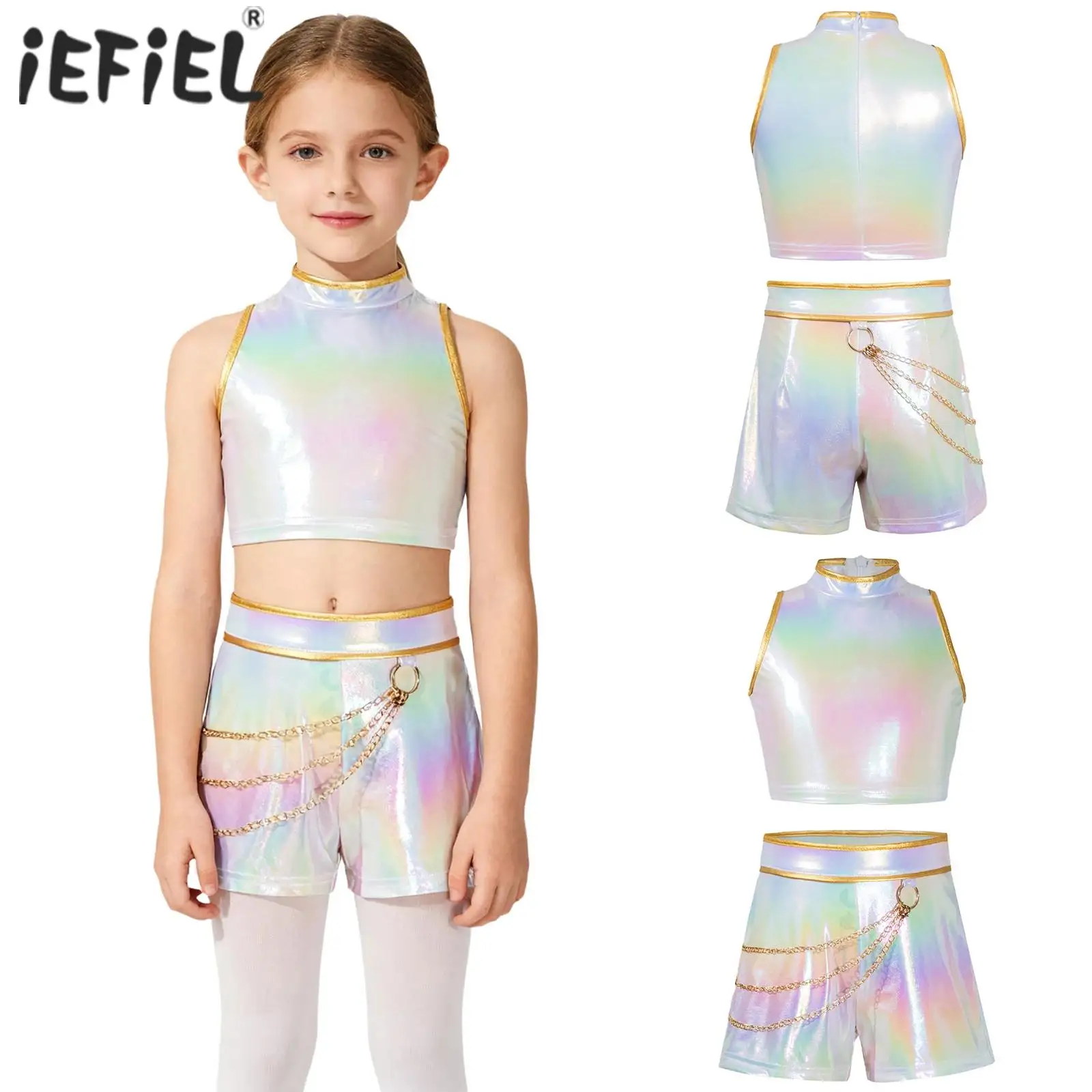 Girls Hunter Singer Role Play Outfit Halloween Cosplay Party Costumes Metallic Gloss Sleeveless Tank Top Belt Waist Chain Shorts