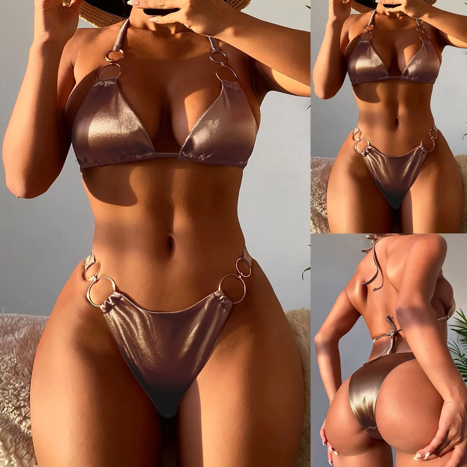 2023 Women's Split Swimsuit Satin Brown Bikini Suit Lace Up Two Piece Set