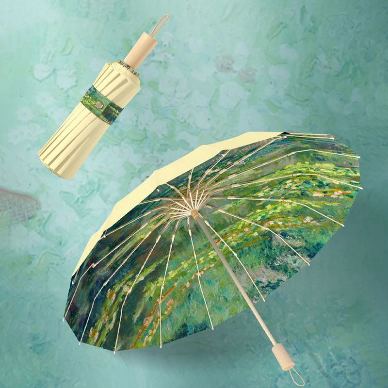 Floral Printed 3 Folding Umbrella Windproof Waterproof Sunny and Rainy 16 Bones Umbrella UPF50+ UV Sunshade Parasol Gifts