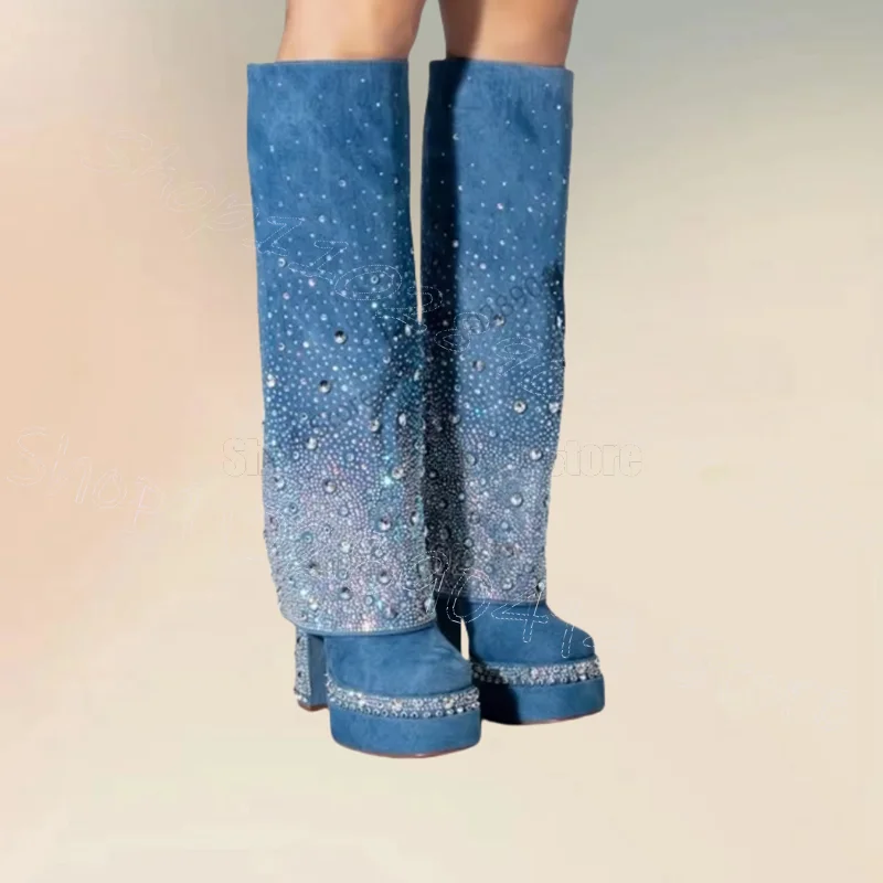 Blue Denim Crystal Decor Square Toe Platform Boots Knee High Women Shoes Chunky High Heels New Fashion 2023 Zapatos Para Mujere