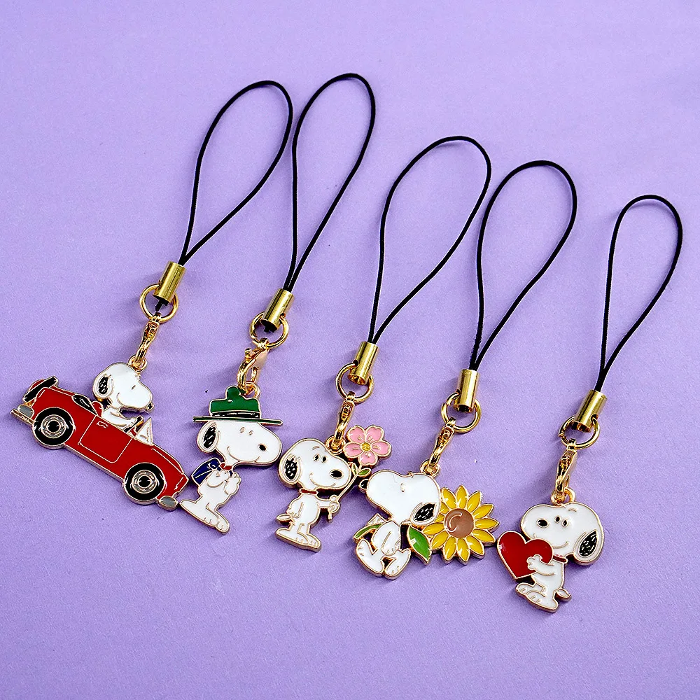 5 Peças Novas de Pingentes para Celular Snoopy, Chaveiros Esmaltados com Flores, Carros, Corações e Cães, Pingentes Fofos para Bolsas e Celulares, Pre