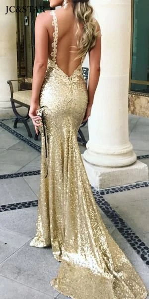 Champagne ouro vestidos de dama de honra para casamento lantejoulas apliques sem costas sexy v pescoço alças espaguete vestidos para bodas mujer i