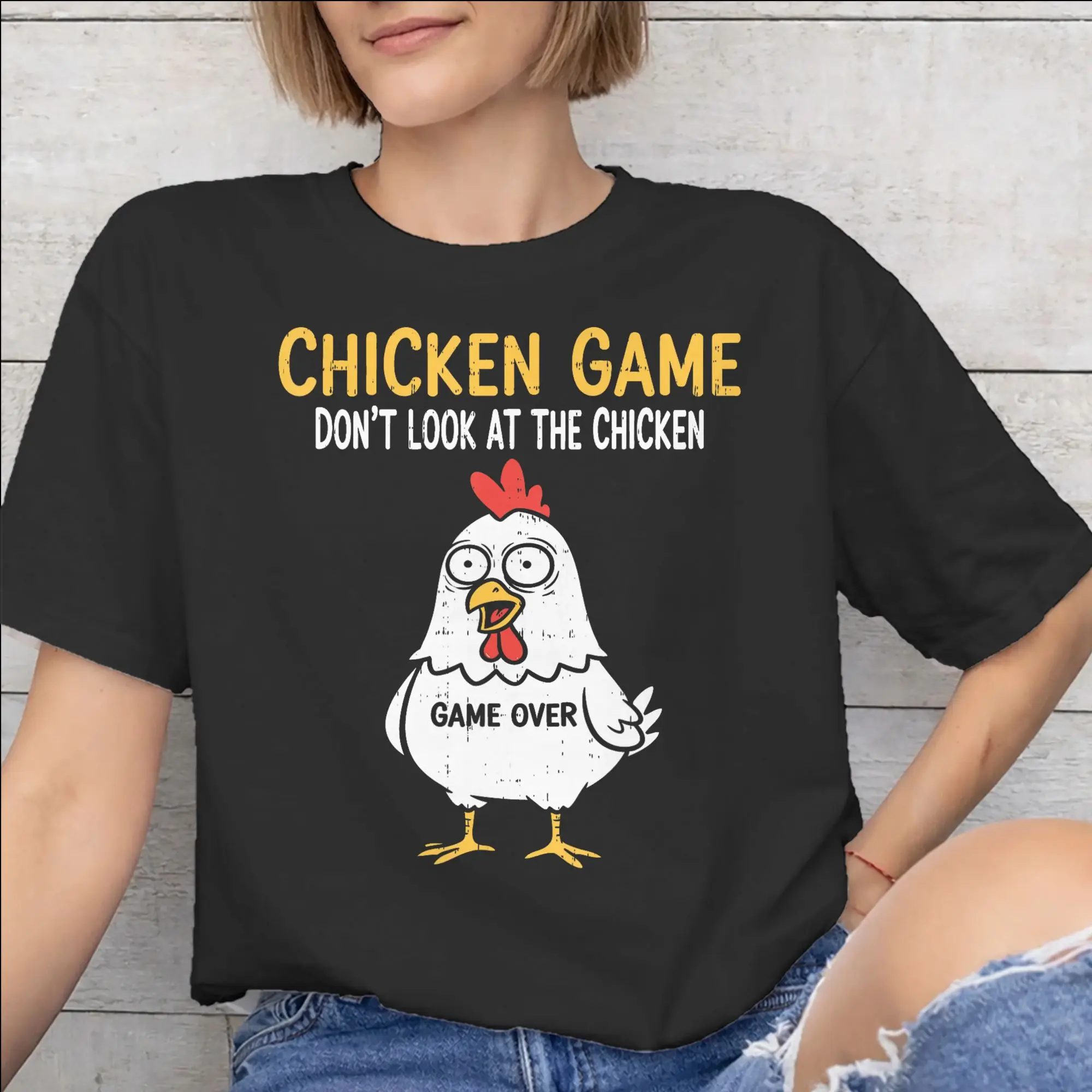 Chicken Game Dont Look At The Chicken Graphic Printed T Shirt for Men Women  100% Cotton  Tee Shirt Clothing