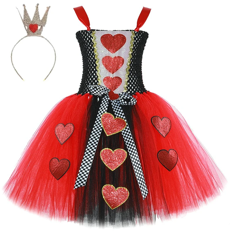 Queen Of Hearts Costume Girls Kids Halloween Carnival Party Fancy Princess Dress Up Clothes Girl Wonderland Red Queen Tutu Dress view 5