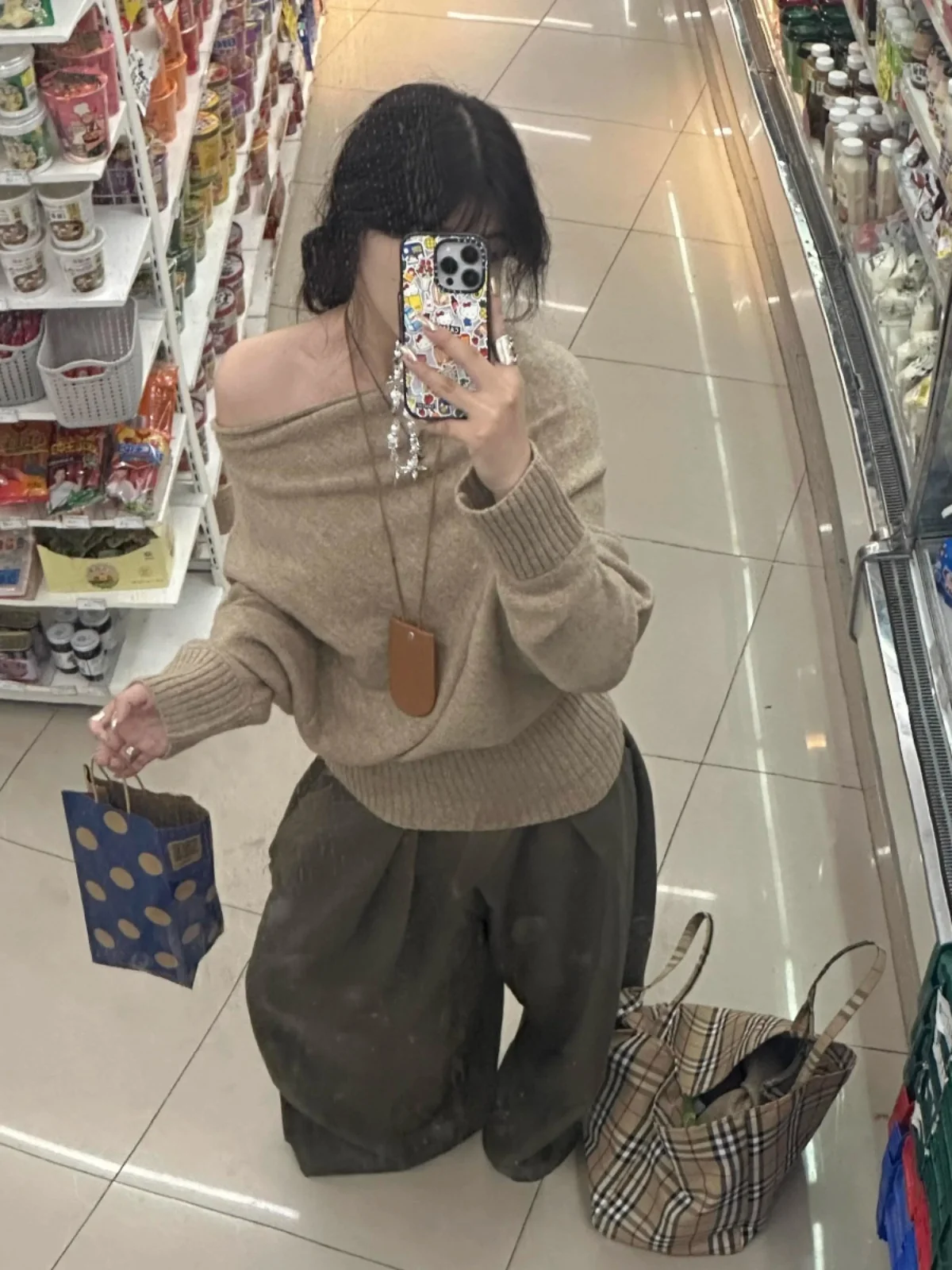 Loose Knitted Batwing Sleeve Shoulder Bared Women's Top Korean Style Comfortable Casual Long Sleeve Sweater for Autumn Winter