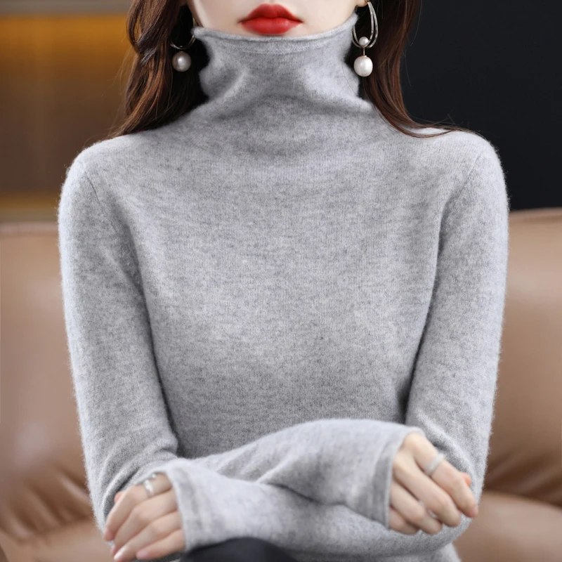 100% wool turtleneck sweater new solid color high-end loose Joker knit pullover woman