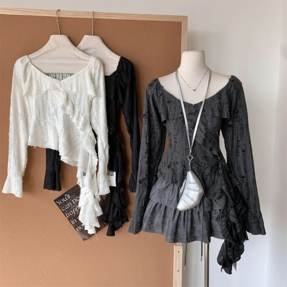 Neploe الكشكشة الجوف خارج غير المتماثلة سليم تي شيرت 2025 جديد الحلو حورية البحر شبكة Ropa Mujer سبايس بنات مثير جديد عصري Y2K البلوزات #4