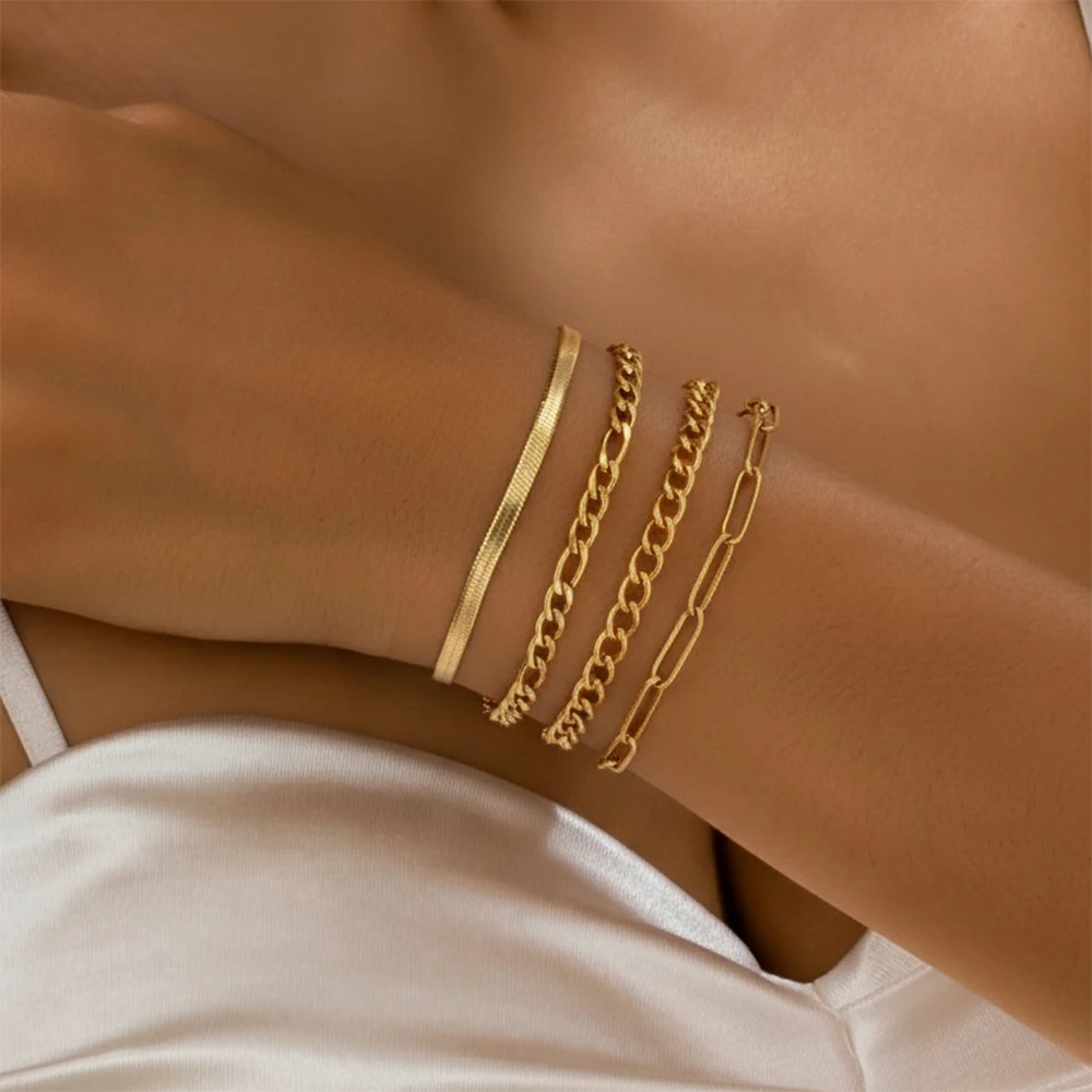 4-Piece Stainless Steel Bracelet Set: Stylish Women’S Bracelets Featuring Minimalist Chains And A Bohemian-Style Layered Design