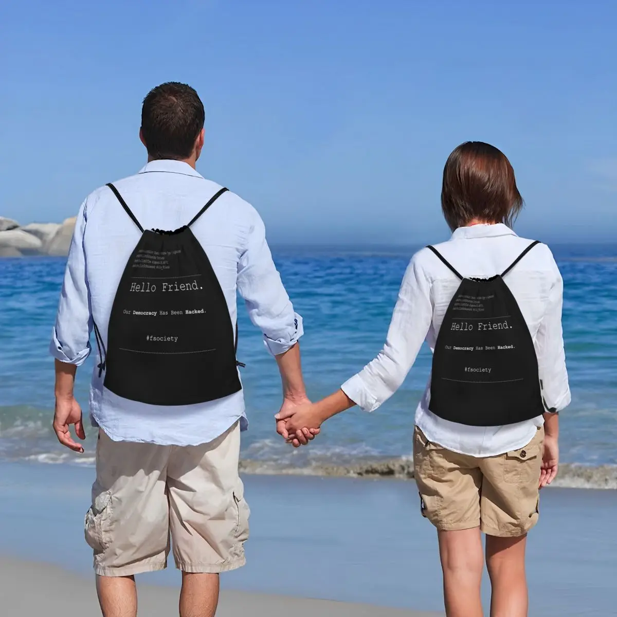Mr Robot Hello Friend Fsociety Backpacks Portable Drawstring Bags Sundries Bag Book Bags for Man Woman Students