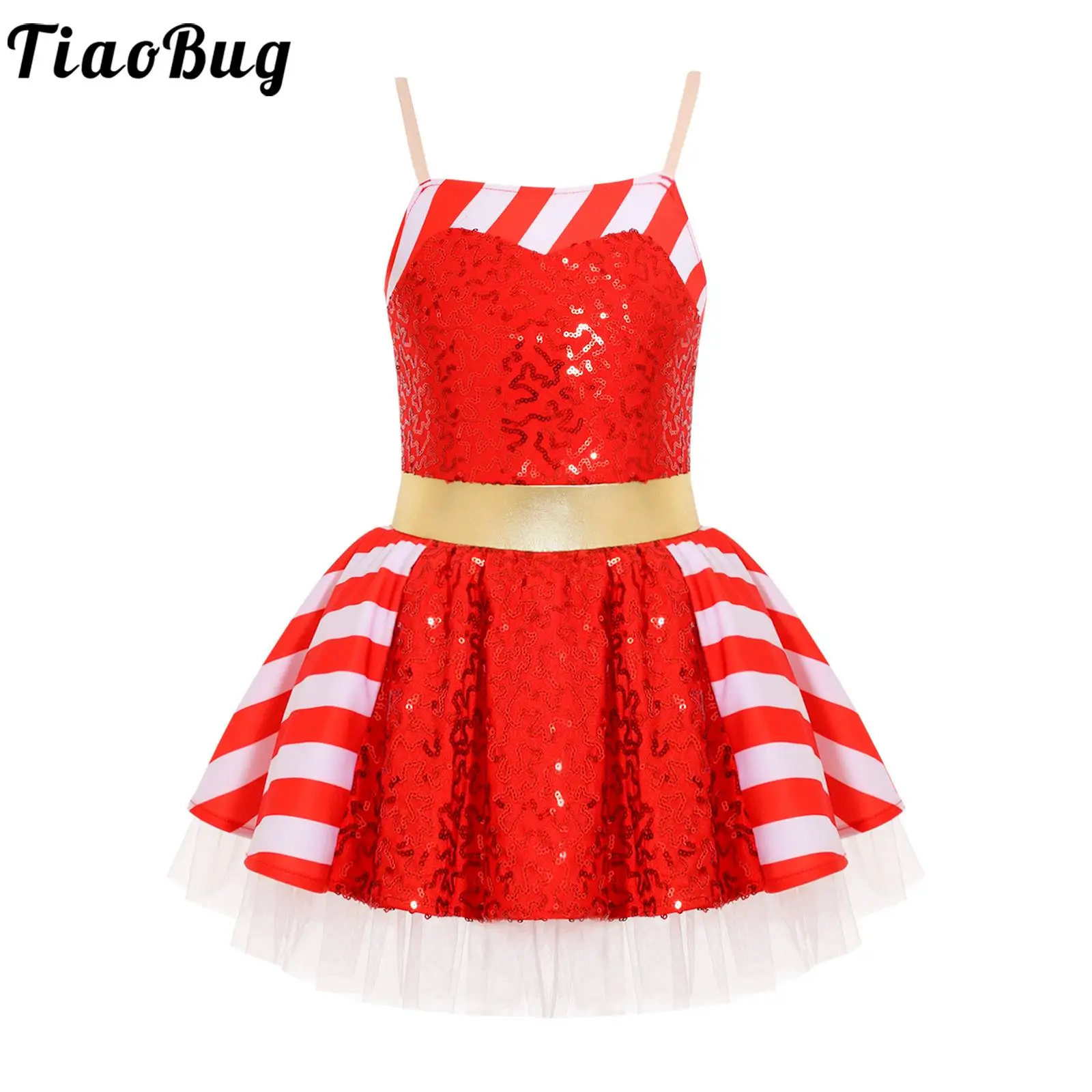 

Girls Sequin Leotard Sparkly Strap Ballet Leotards Tutu Dress Ballerina Outfit Candy Cane Christmas Dance Performance Costume