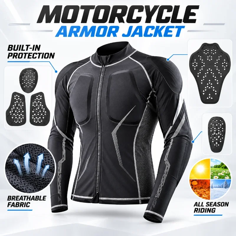 Motorcycle Armor Jacket Men Riding Protective Gear Built In Body Protector Breathable Sweat Wicking All Season