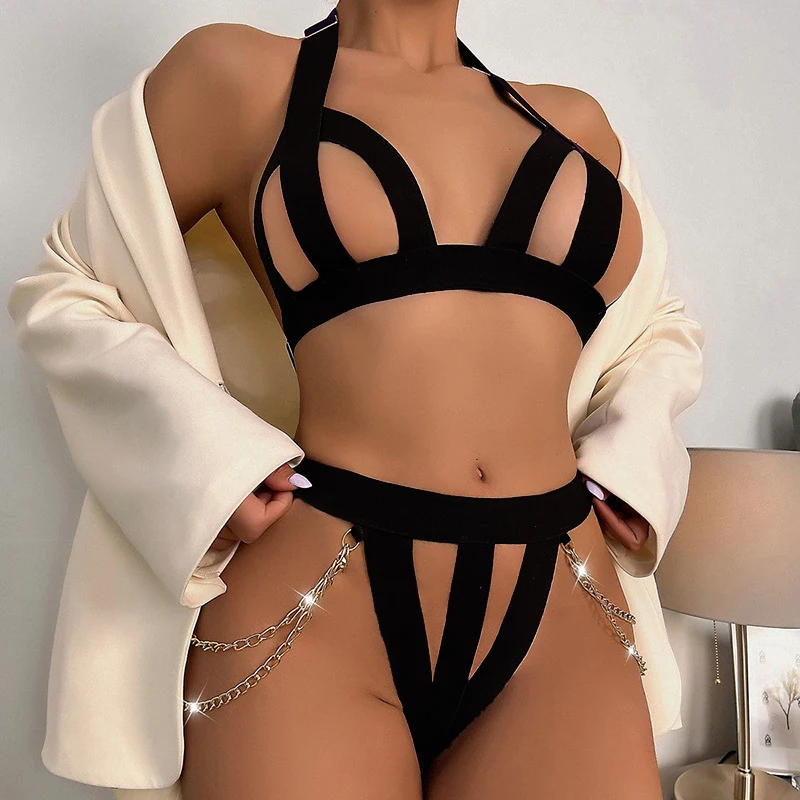 Sexy Women\'s Summer Erotic Lingerie Strappy Webbing Metal Chain Seduction Panties Hollowed Out Nightclub Flirting Bra Porno Suit