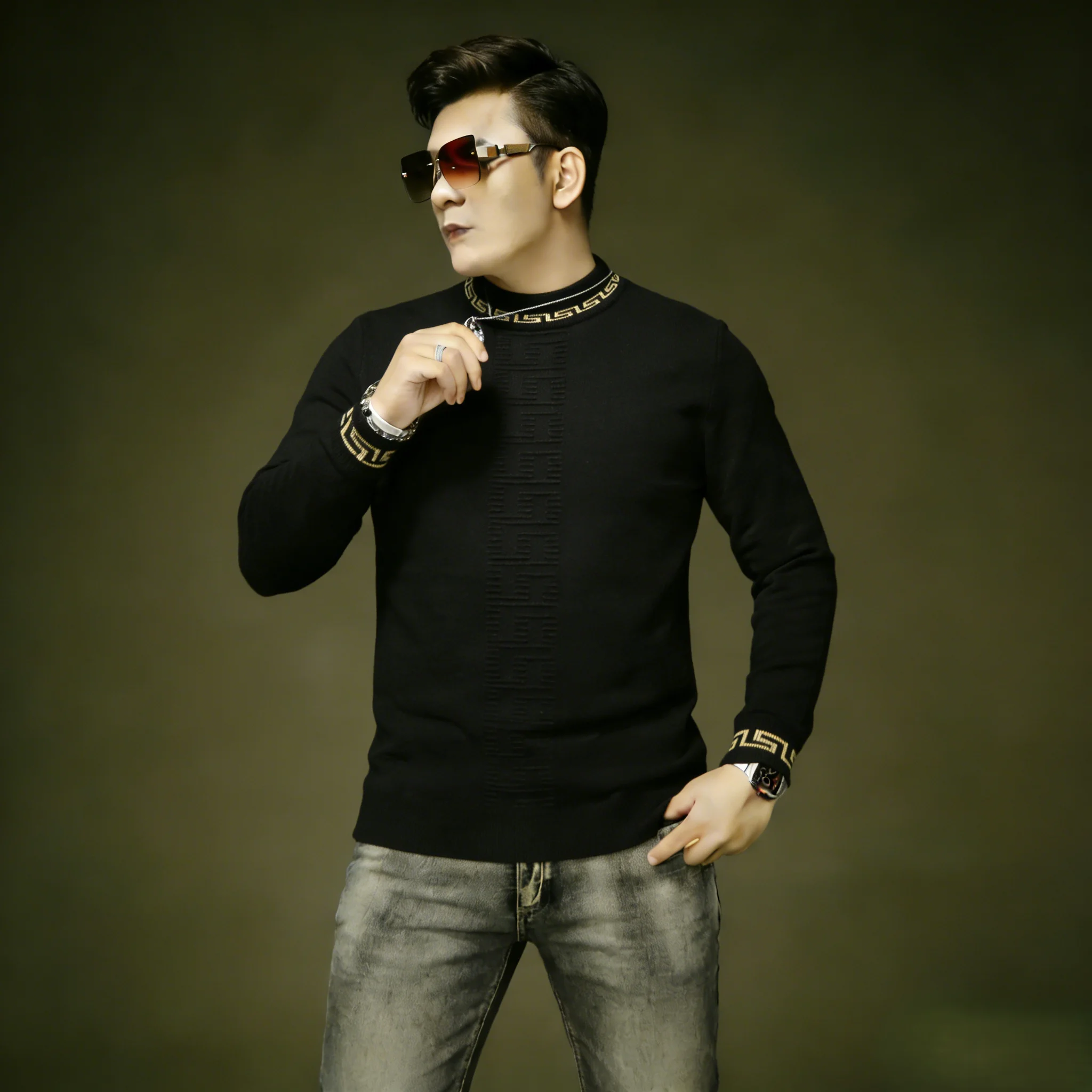 

Embroidered Letter Men's Knitted Sweater Thiened Warm Wool Blend Faionable Urban Sle Long Sve round Ne