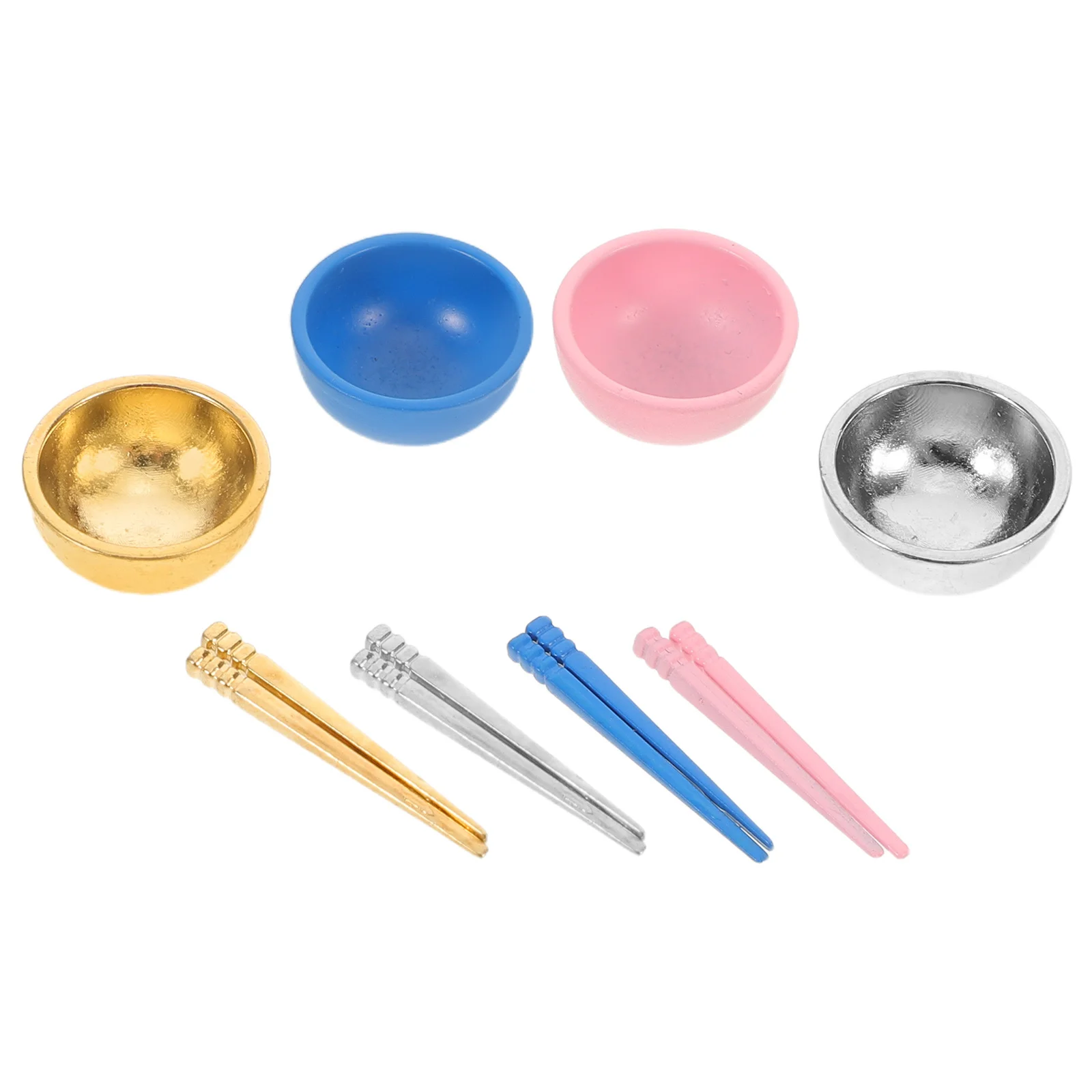 4-teiliges 1:12 Puppenhaus Geschirr-Set Metall Miniatur-Schüsseln Essstäbchen Winzige Küchenutensilien für Rollenspiele Diorama Essen