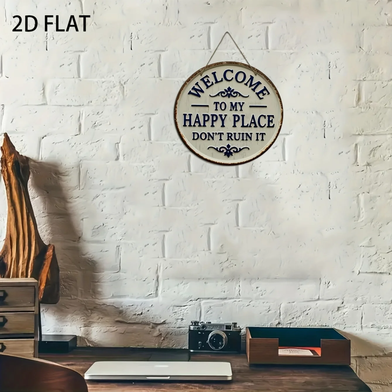 مسطح ثنائي الأبعاد، مرحبًا بكم في مكان سعيد لا تدميره" لافتة خشبية مستديرة عتيقة - لوحة زخرفية زرقاء وبيضاء ريفية للمنزل، Po #3