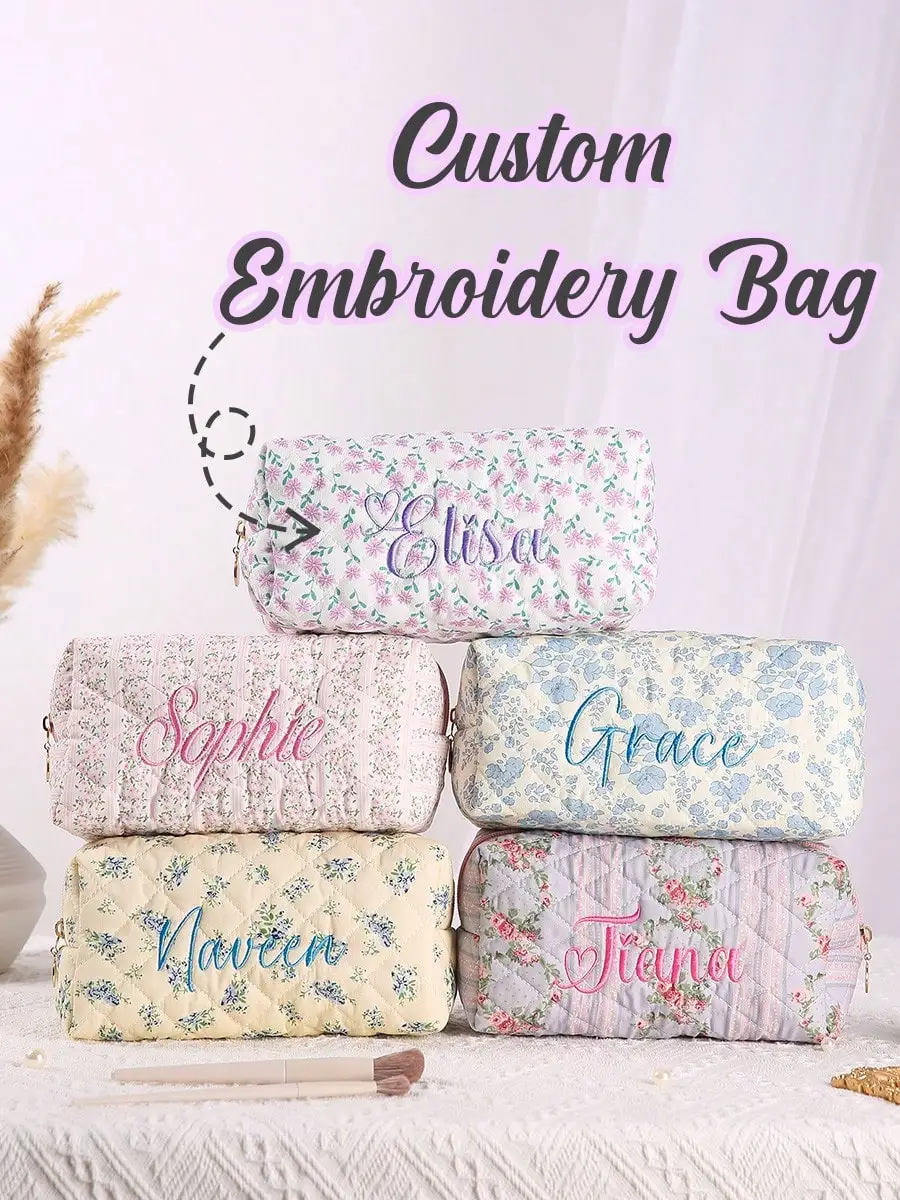 Custom Embroidery Bag Personalized Name Makeup Pouch Floral Quilted Cosmetic Bag Women Girls Gift Toiletry Organizer Pencil Case