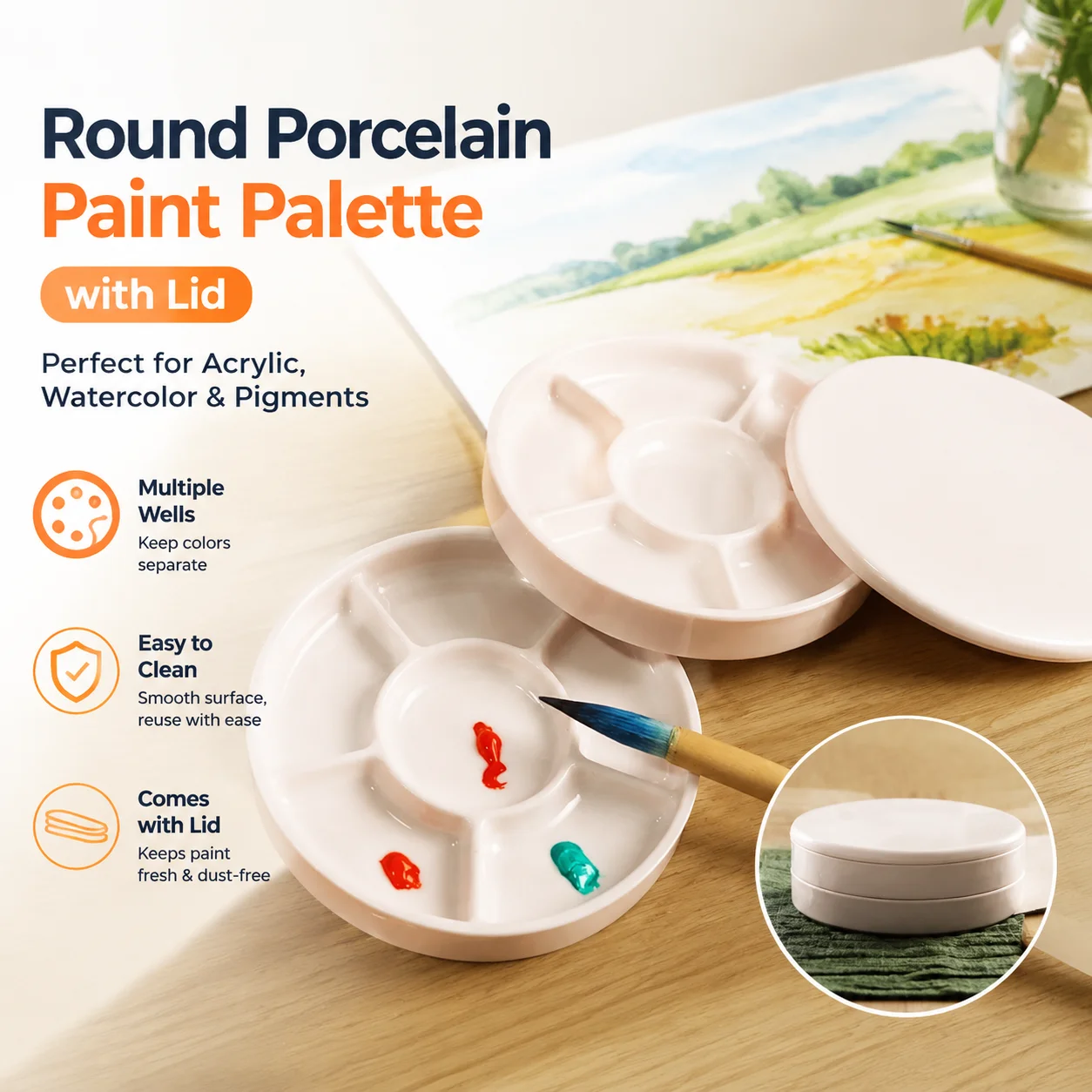 Round Porcelain Paint Palette with Lid, Plastic Imitation Ceramic Tray for Acrylic Watercolor Pigments, Art Painting Supply,