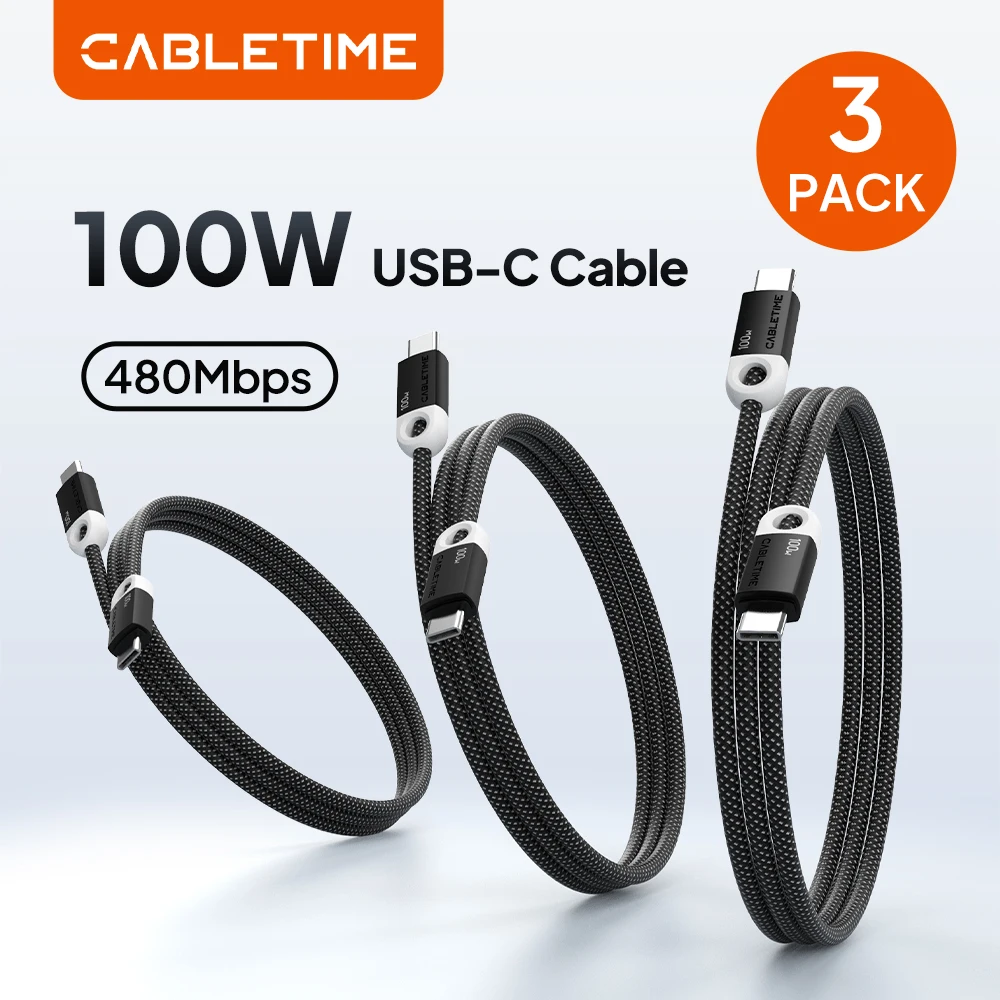 CABLETIME 3 Pack PD100W USB C to USB C Cable QC Fast Charging 480Mbps Transfers Type C Data Cable for iPhone 17 Pro Macbook HUAWEI Xiaomi Samsung