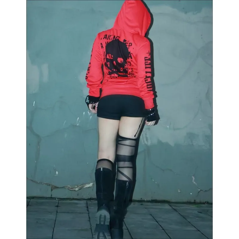 

Punk Hottie Hoodie American Subculture Skull Print Coat Retro Harajuku Aesthetic Zipper Sweatshirt Women Slim Street Y2K Cloths
