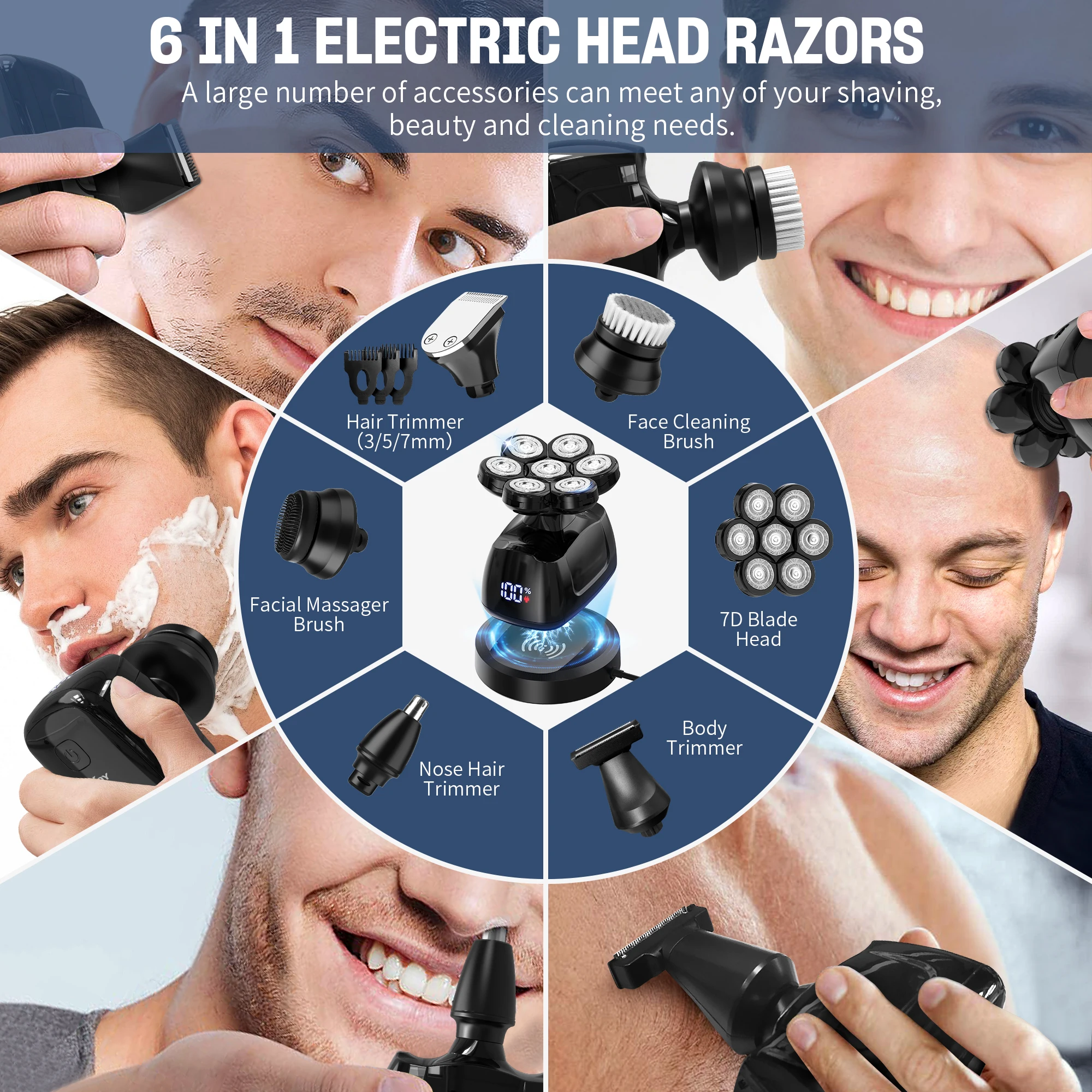 Sejoy Electric Head Shaver for Bald Men 7D Floating Head Hair Trimmer Rechargeable 6 In 1 Waterproof Wet Dry Beard Razor