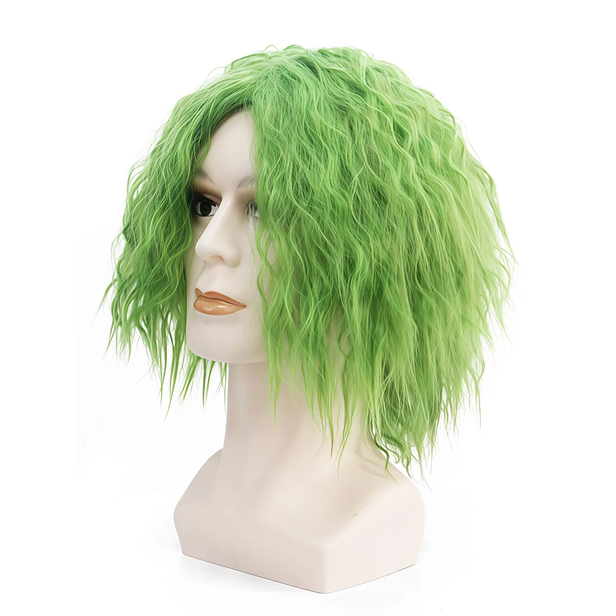 Christmas Green Men's Curly Hair, Medium-Long Men's Short Hair, Anime Eccentric Green Short Wig with Fluffy Fleece Curls Design