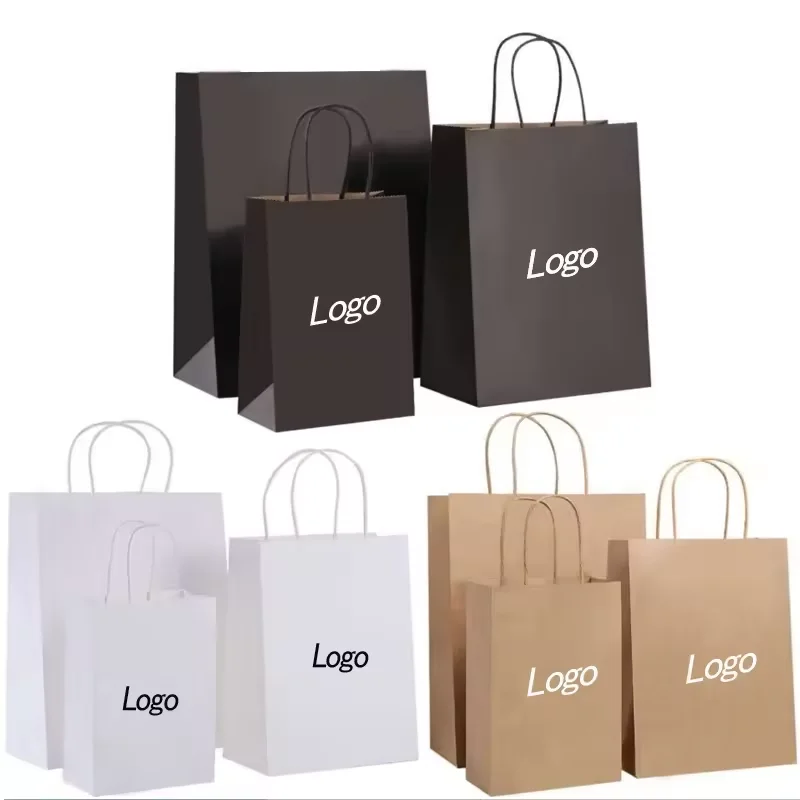 

500pcs/Lot Wholesale Customized Logo Printed Recyclable Khaki Luxury Gift Shopping Food Beverage Brown Kraft Paper Packaging Bag