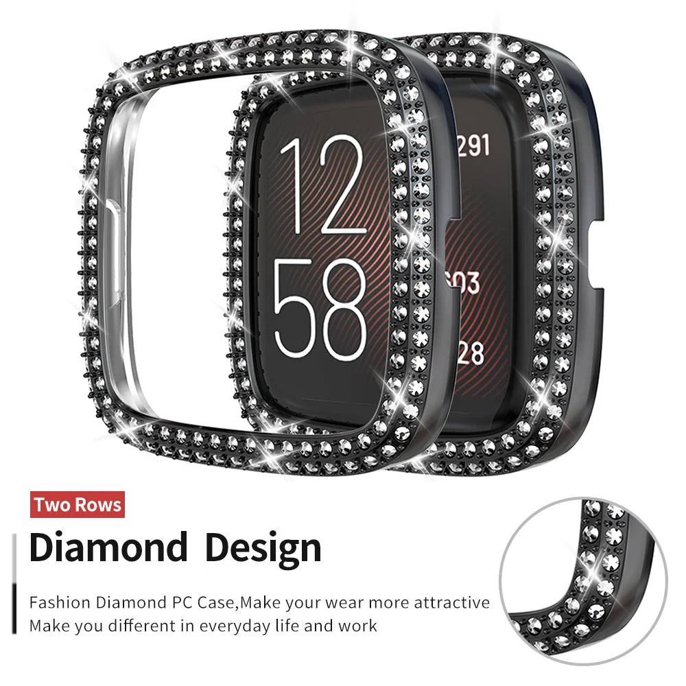 Bling PC Bumper for Fitbit Sense Versa 4 3 2 Watch Case Two Rows Diamond Frame Cover Lightweight Glitter Shell Accessories