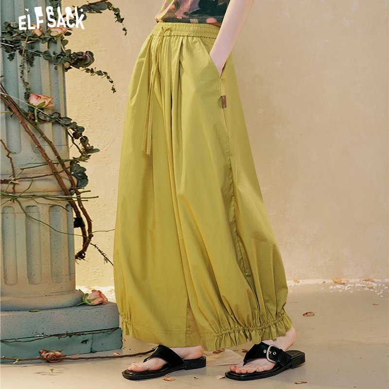 ELFSACK Women's Loose-Fit Pants with Ruffled Cuffs, Casual Elastic Waist Trousers for Everyday, Cozy Outdoor Wide Bottoms